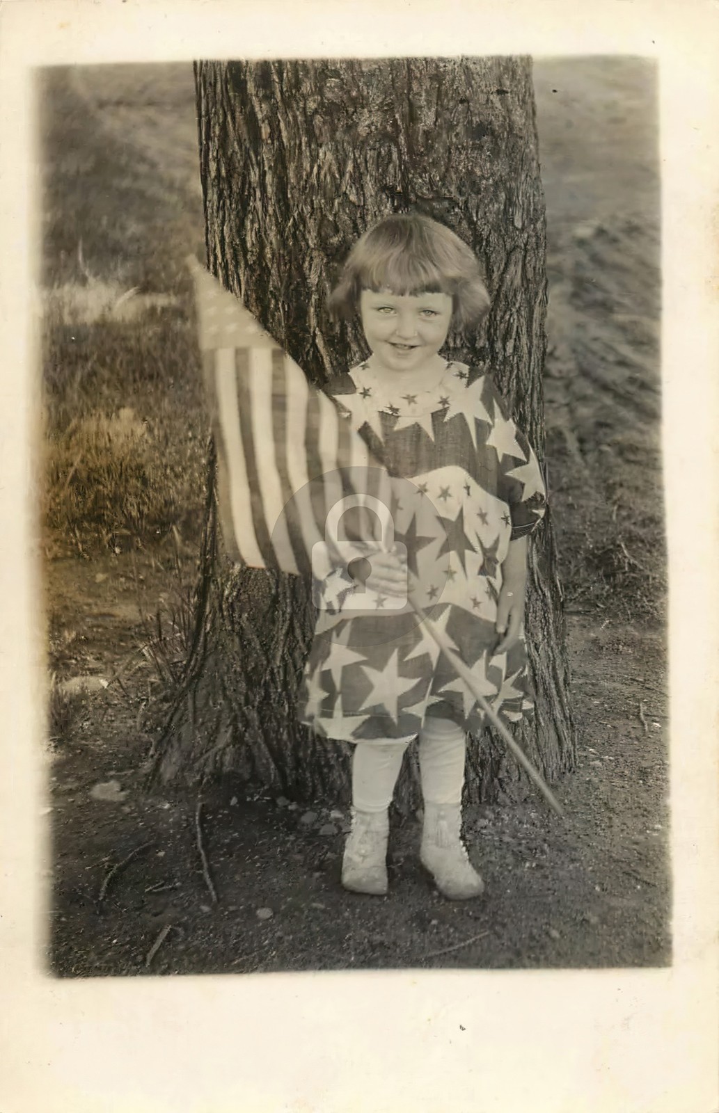 Patriotic Little Girl in  Stars & Stripes, American Flags RPPC Postcard COPY
