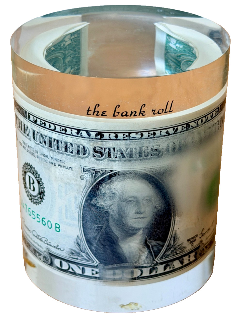 1969 $1 Dollar Money Encased Lucite Acrylic Bank Roll Sculpture Paperweight Vtg