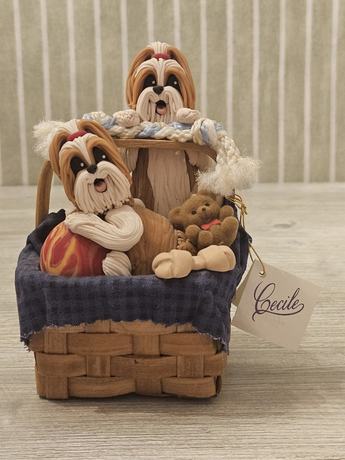 Adorable Cecile Baird Hand Made Shih Tzus in a Basket Music Box Adorable Cecile Baird Hand Made Shih Tzus in a Basket Music Box