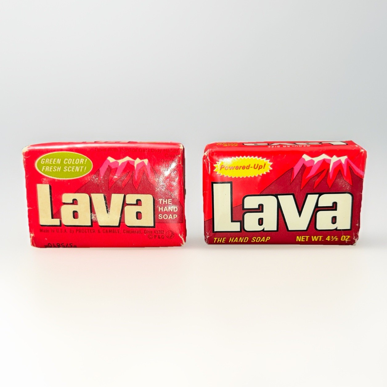 2 Bars LAVA Hand Soap 1970s “POWERED UP” + “GREEN COLOR FRESH SCENT\