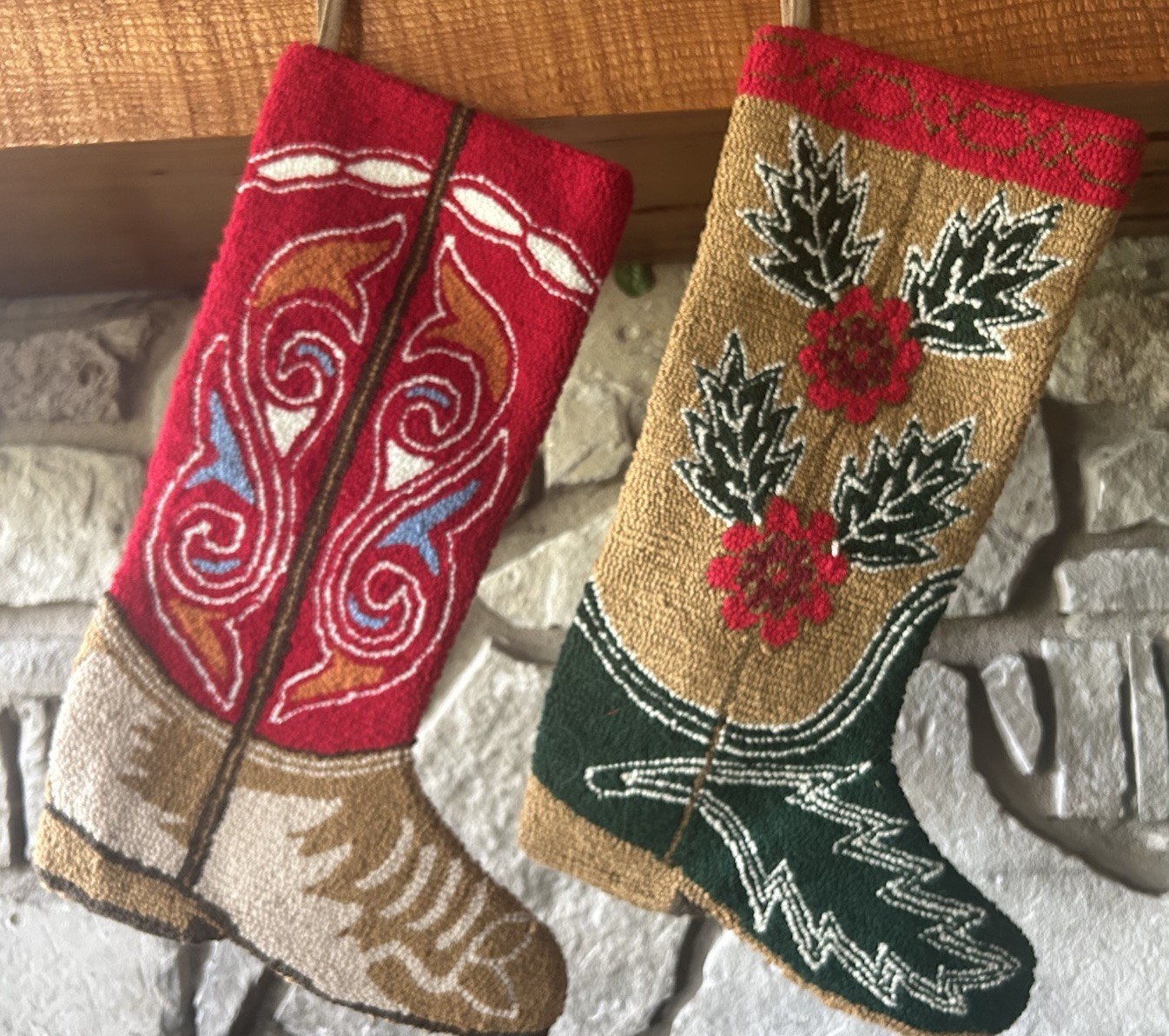 2 Hand-Hooked Western Cowboy Boot Christmas Stockings 19\
