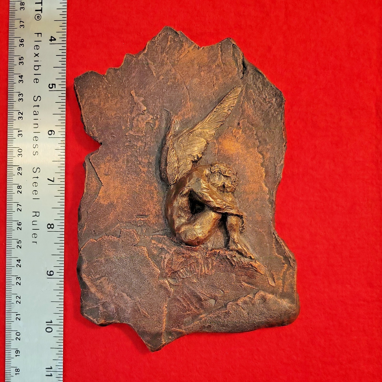 Signed Fallen Angel Wall Plaque Bas Relief Bronze Finish Sculpture  5x7\