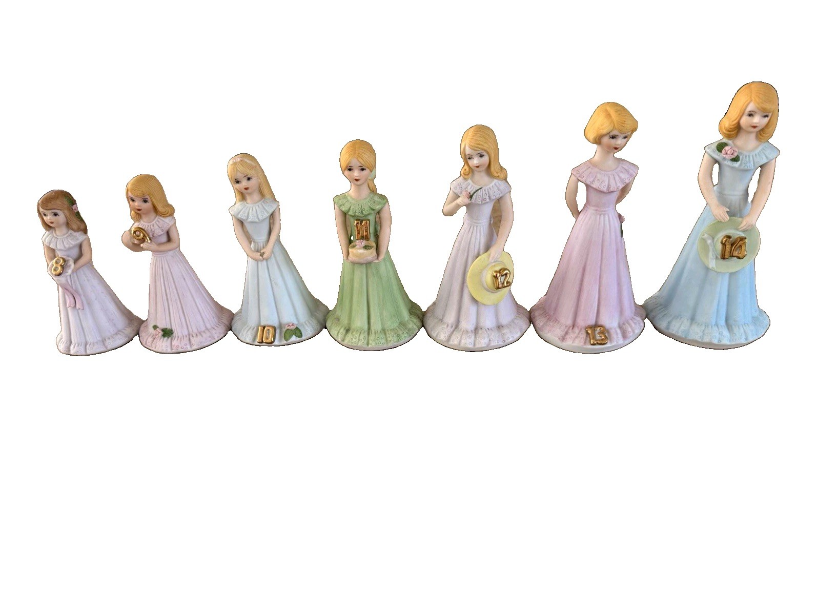 Enesco Growing Up Birthday Girls Hand Painted Porcelain Figurines Set of 7 1981