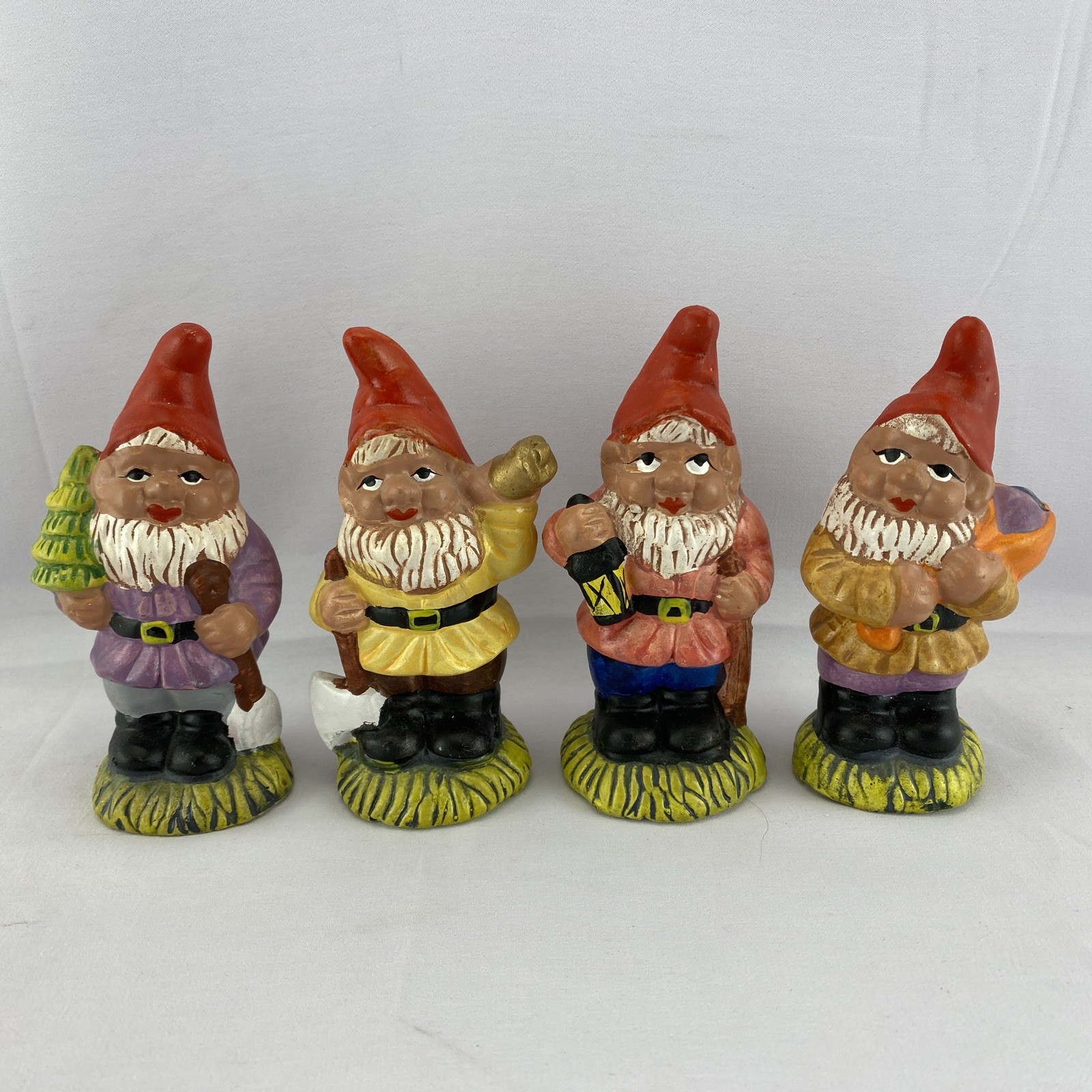 Vintage Garden Gnomes 1980\'s Ceramic Dwarfs Shelf Sitters Set Of 4 Retro Gnomes
