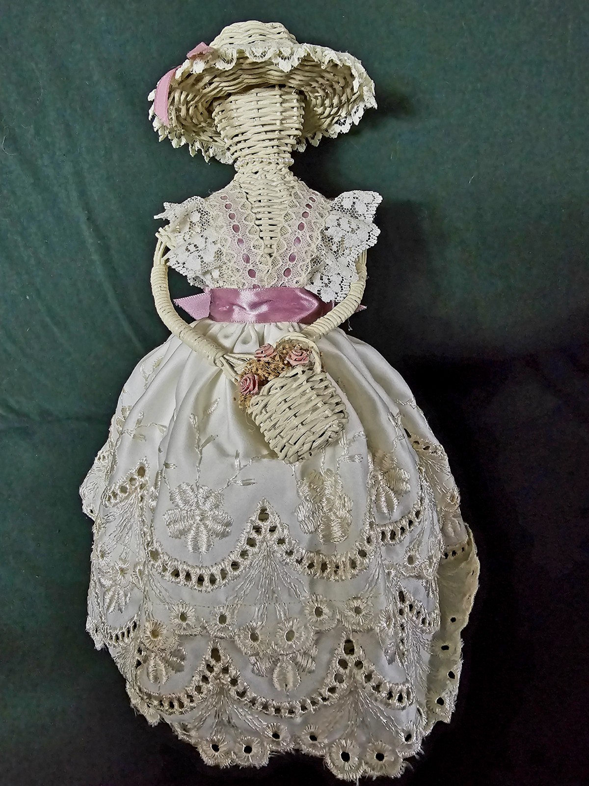 Vintage Handmade Wicker & Lace Southern Belle Figurine Doll with Basket