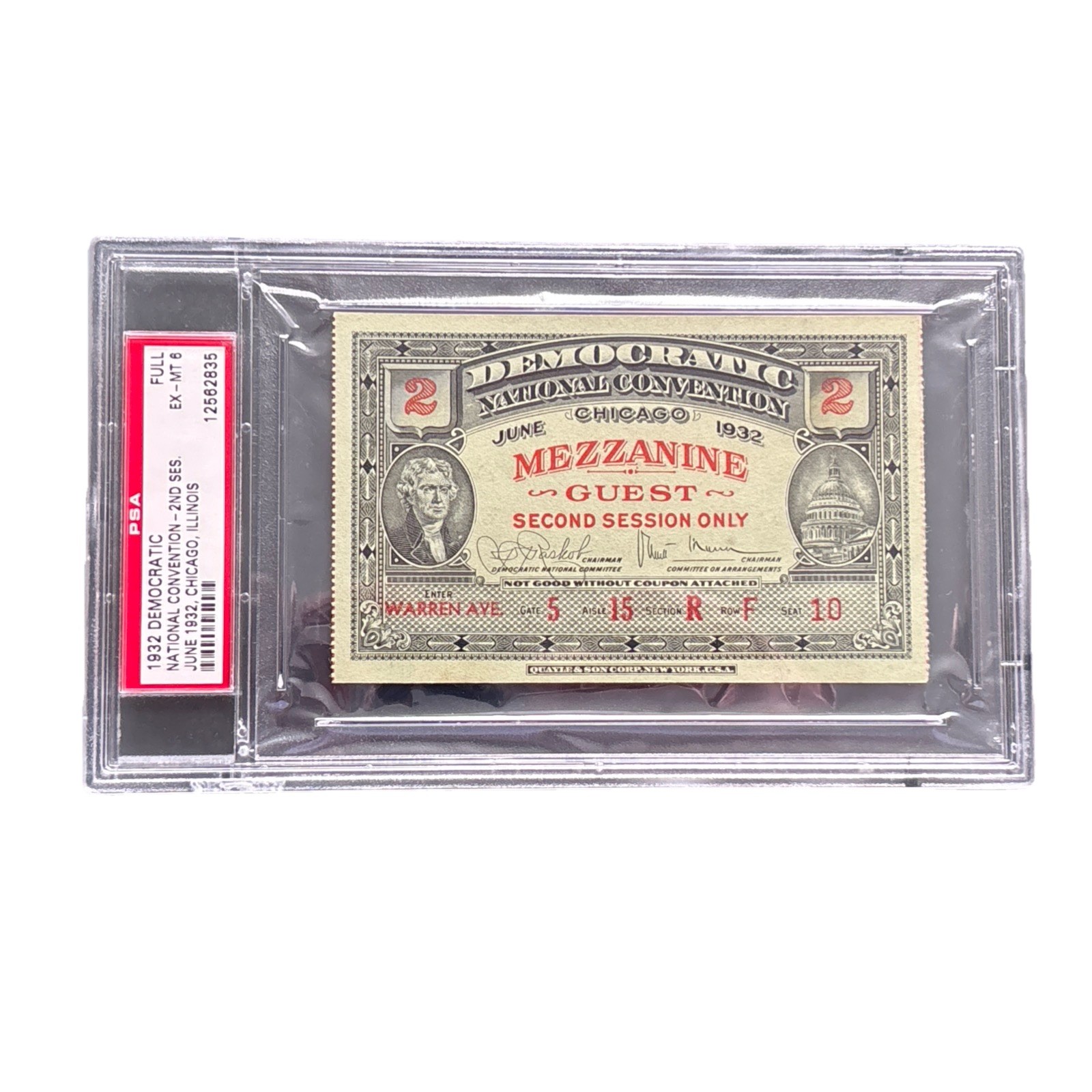 1932 Democratic National Convention Franklin Roosevelt Mezzanine Ticket PSA