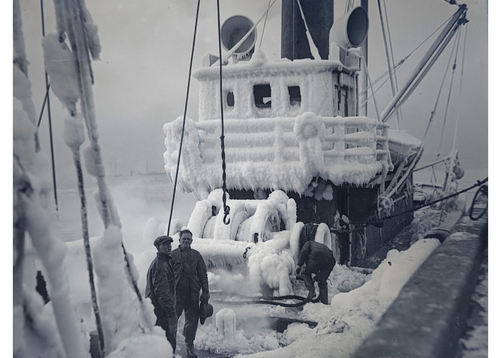 1933 Boston Fish Pier Frozen Trawler Blizzard Snow Ice Glass Plate Negative OOAK