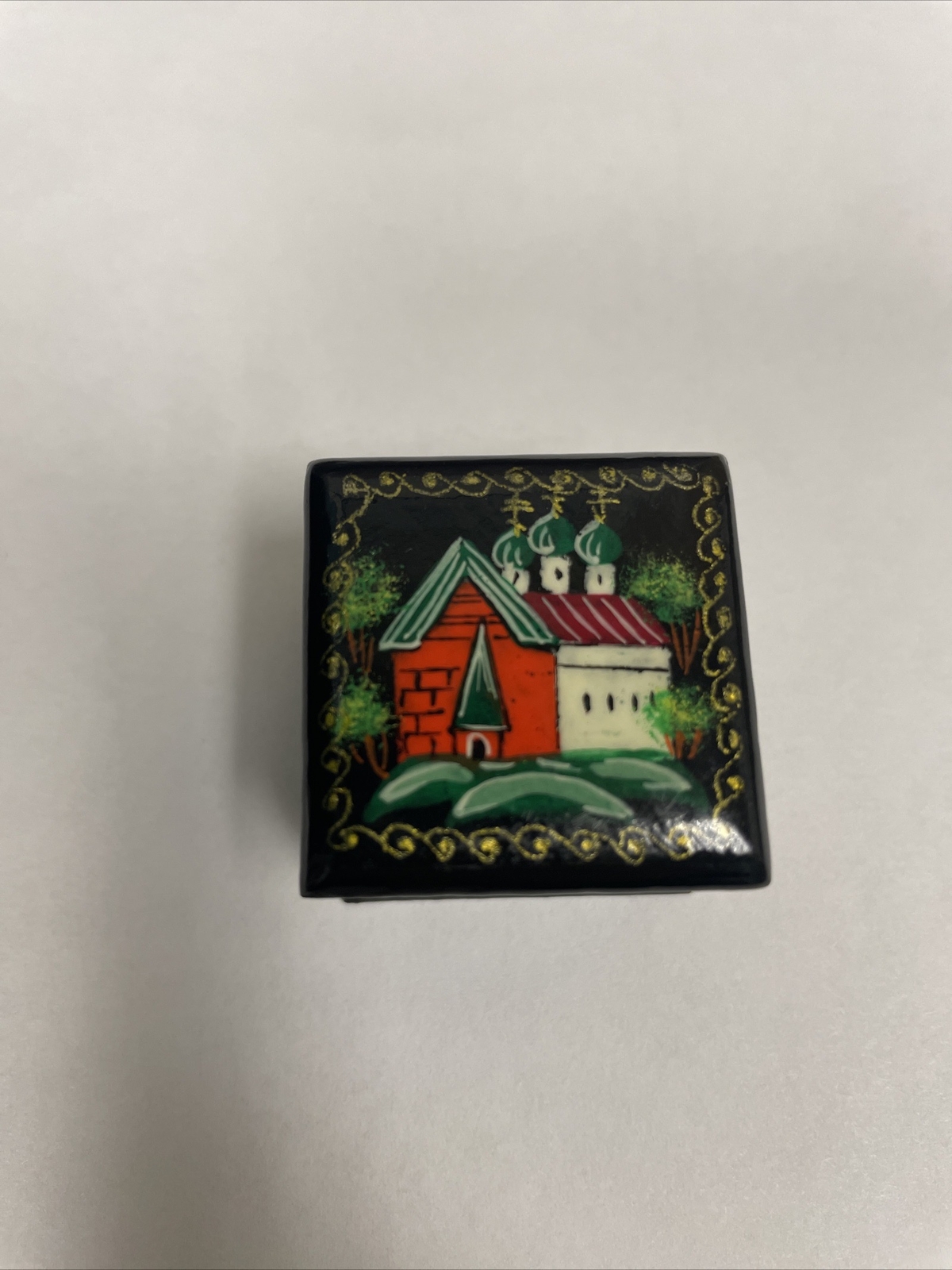 Vintage Miniature Russian Lacquer Black Hand Painted Trinket Box Red Interior