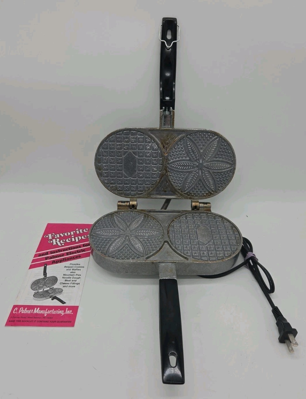 Vintage C. Palmer Mfg Electric Pizzelle Iron Maker 3 Cookie Press - Tested Works