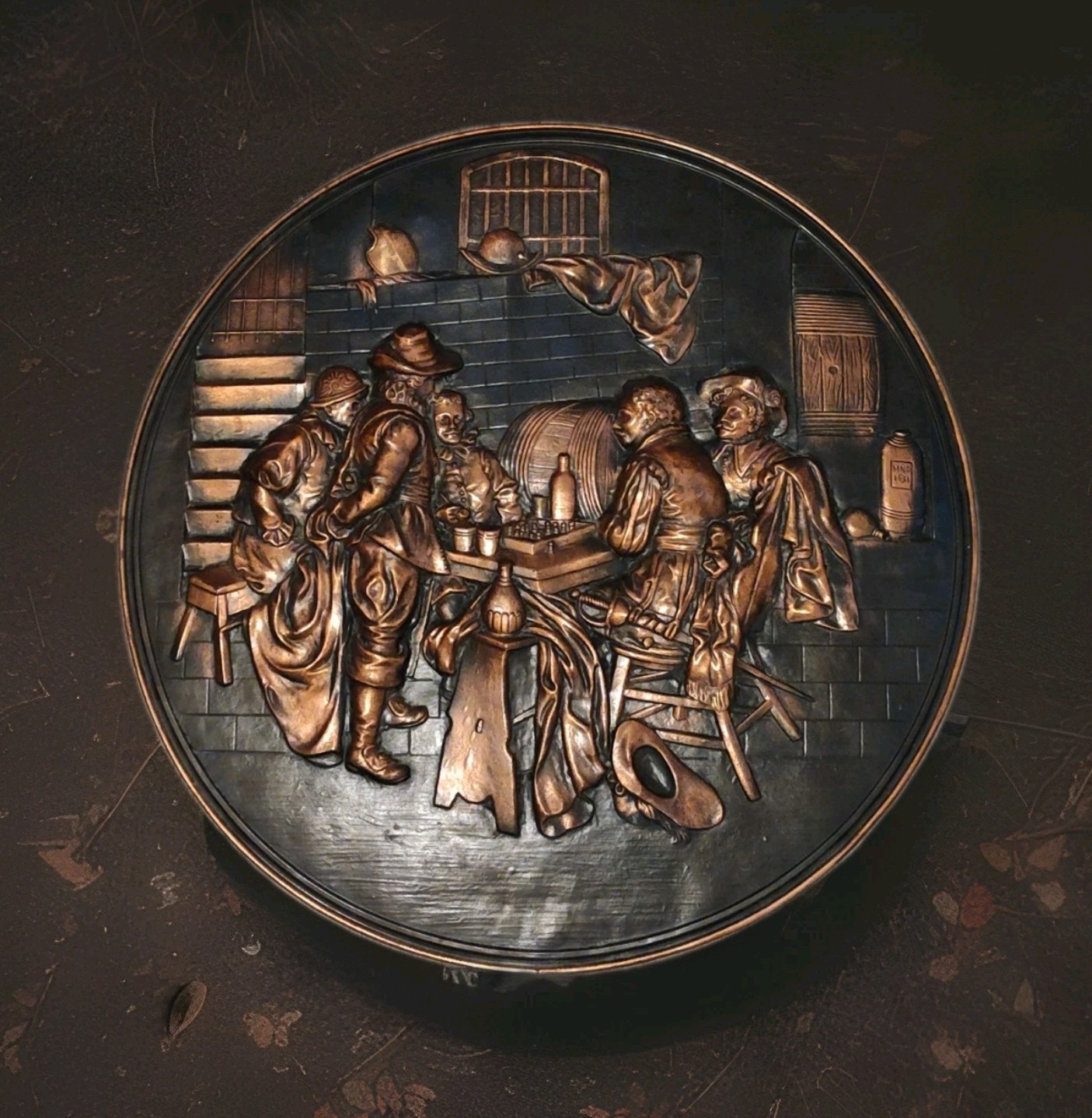 Wall Decor Plaque Large Embossed Copper Repousse Tavern Scene 27