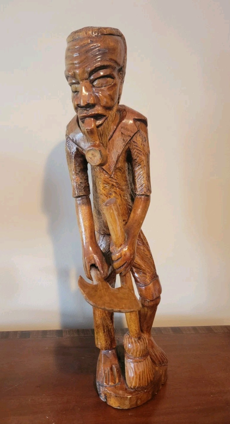 Vintage Hand Carved Wood Folk Art Sculpture Man with Shovel & Broom Large 23\