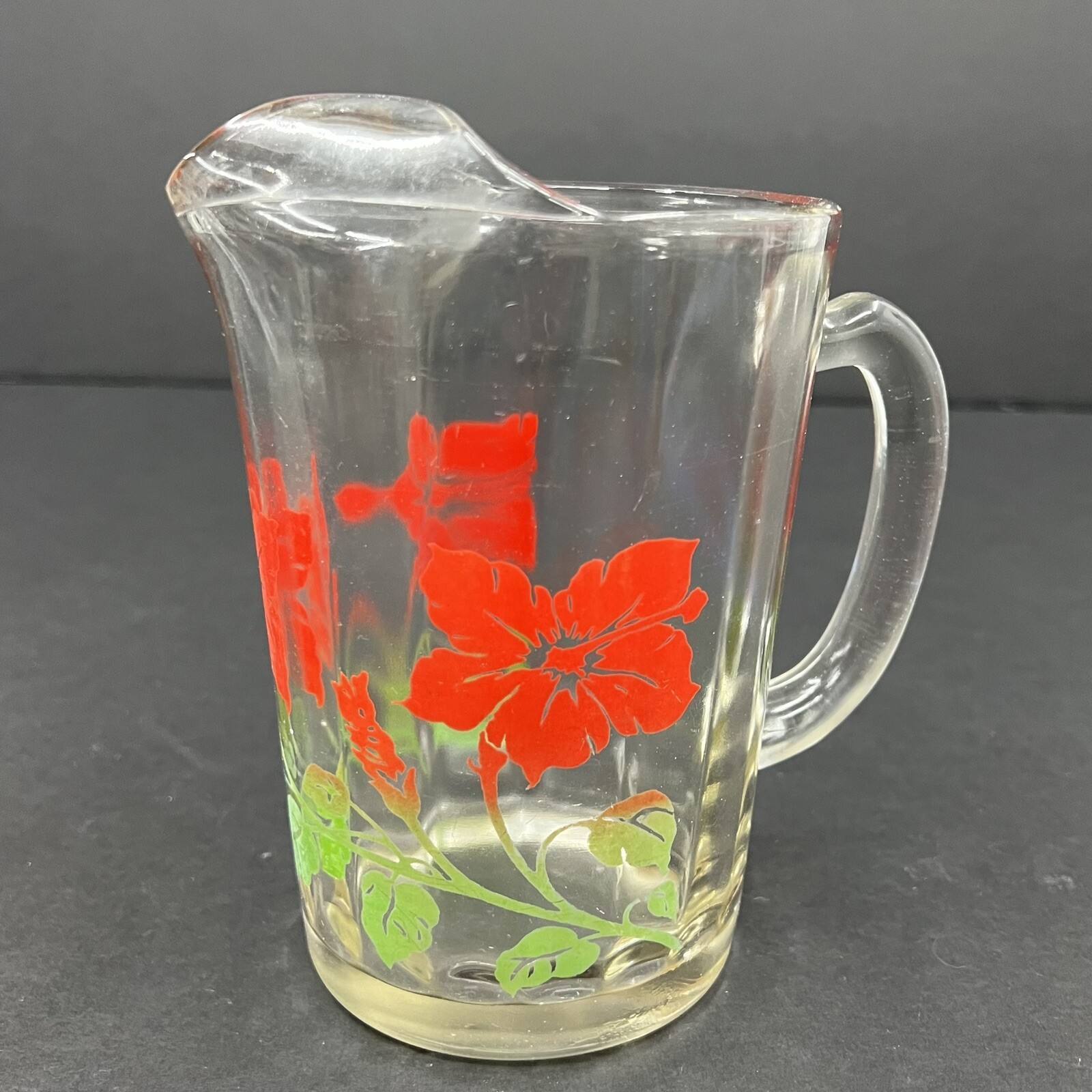 Vintage Glass Pitcher 20 oz Heavy Panel Red Flowers Green Leaves Juice Ice Tea Vintage Glass Pitcher 20 oz Heavy Panel Red Flowers Green Leaves Juice Ice Tea