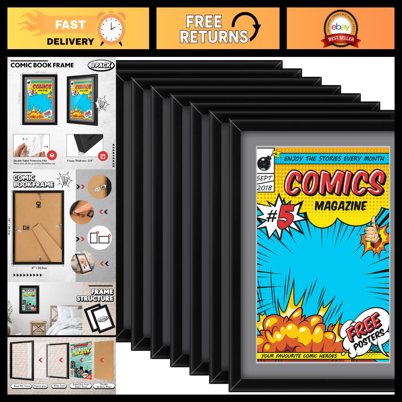 8 Pack Comic Book Frames with UV Protection - Grey Mat Display for Collectibles 8 Pack Comic Book Frames with UV Protection - Grey Mat Display for Collectibles