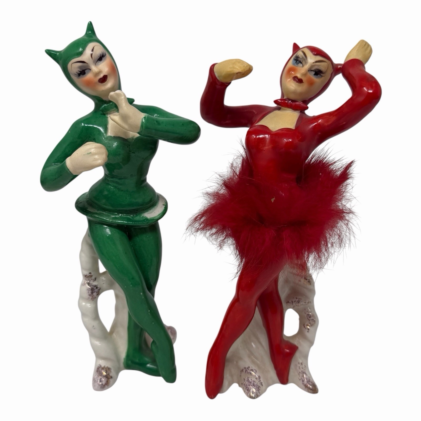 Vintage Sonsco Japan She Devil Ballerina Ceramic Figurine Set Red & Green 1950s