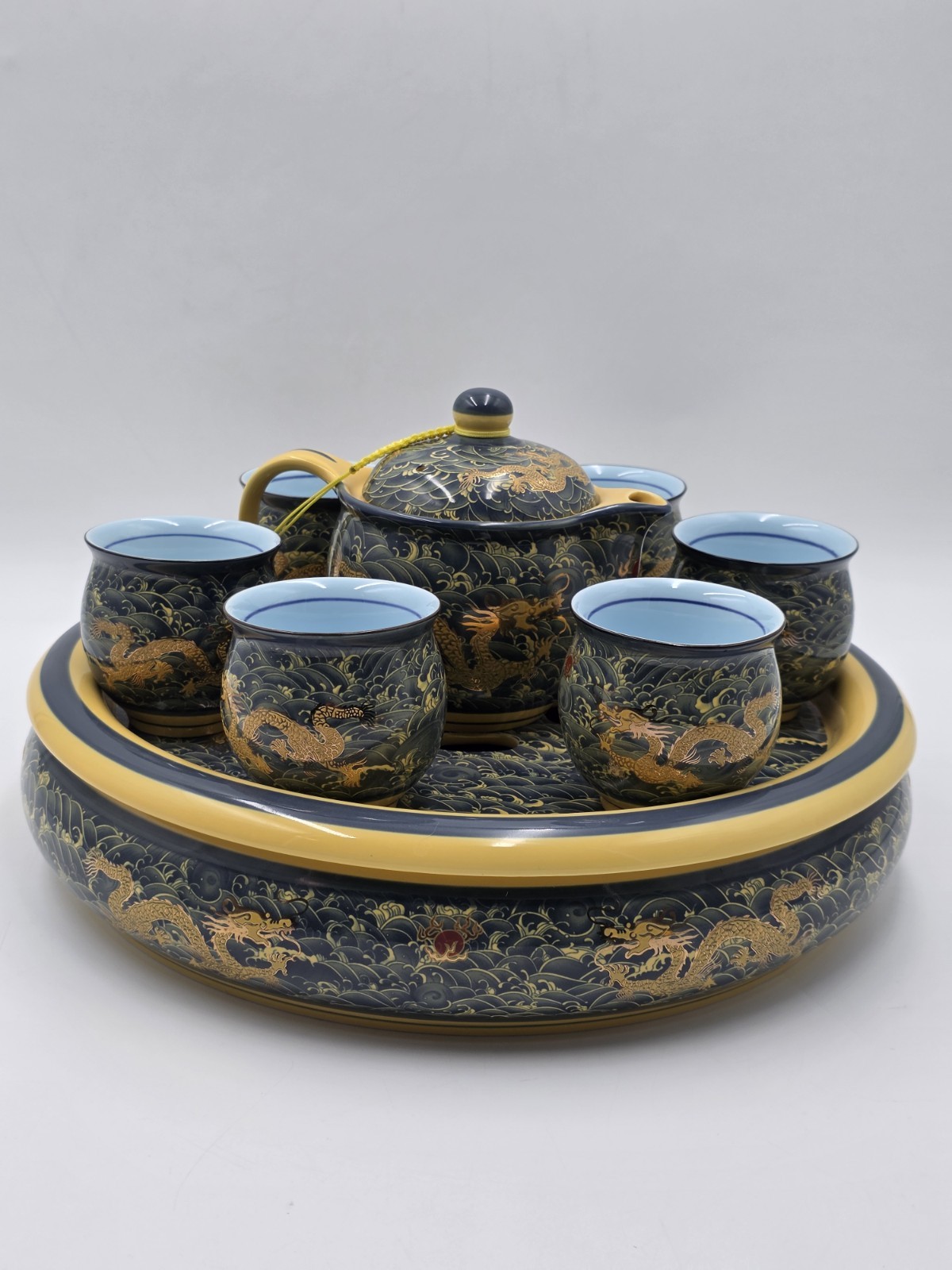 Chinese Qianlong Mark Porcelain Dragon Gongfu Tea Set Teapot 6 Cups Tray. New.