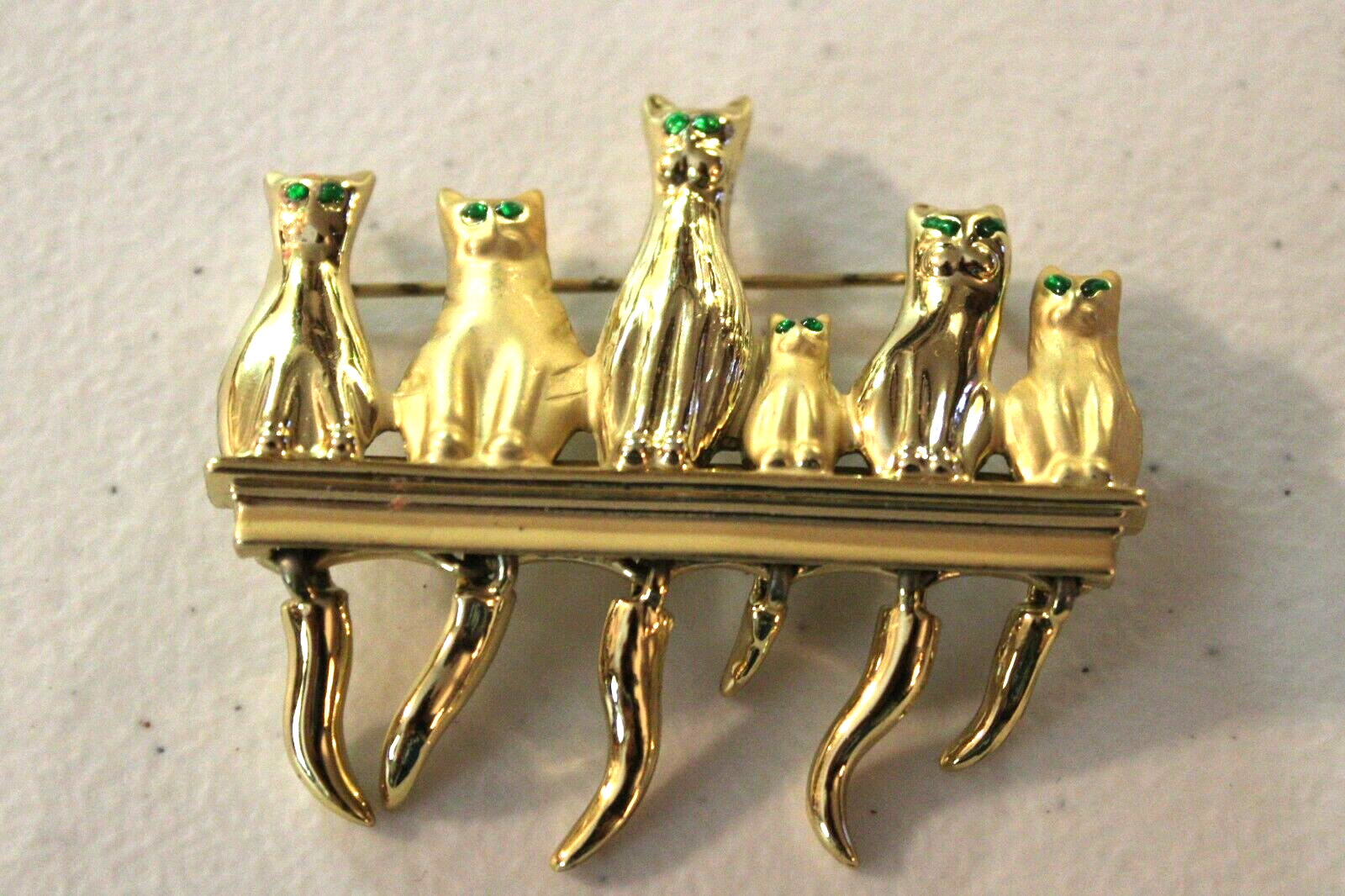 AJC Cat Pin Brooch Figural Gold Tone Metal Green Eyes Animal Lover Gift Kitty 