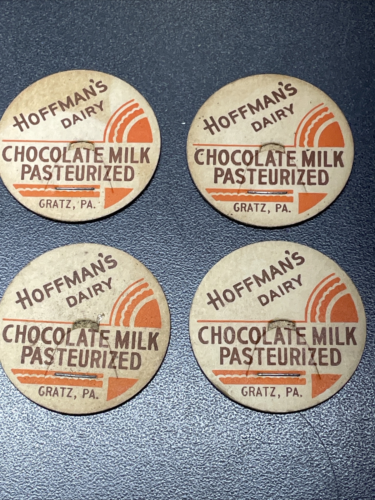 4 NOS UNUSED VINTAGE HOFFMAN’S DAIRY GRATZ PA CHOCOLATE MILK BOTTLE CAPS