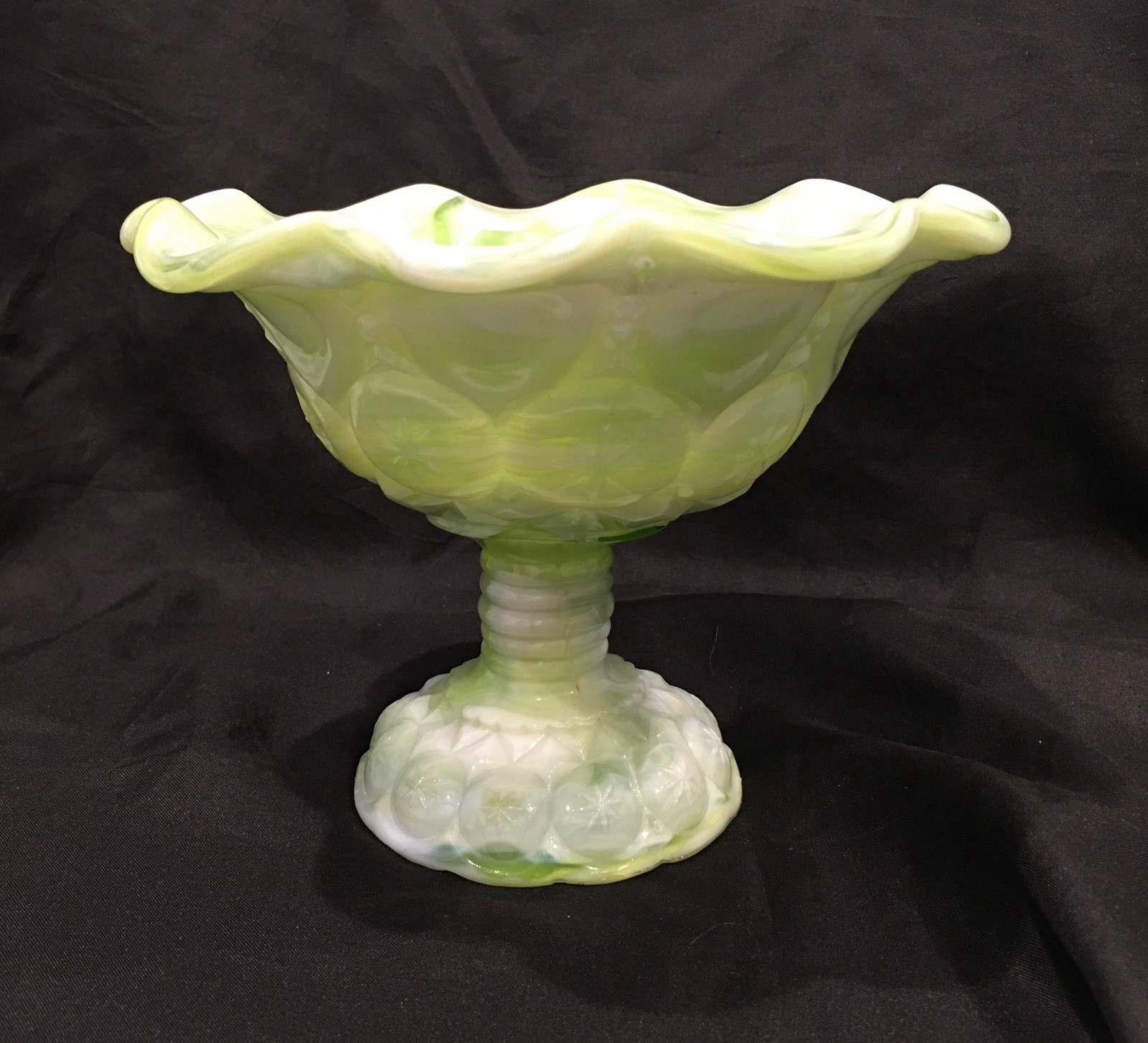 Vtg. Kanawha Green And White Slag Glass Moon & Star 5” Candleholder\'