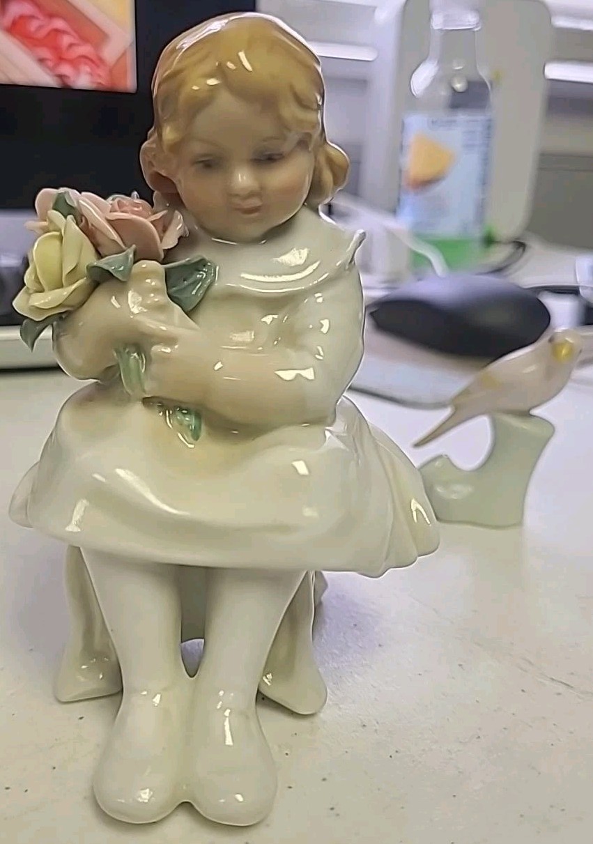 Vintage German Porcelain Girl Flowers Figurine Crossed Swords Mark Bird...