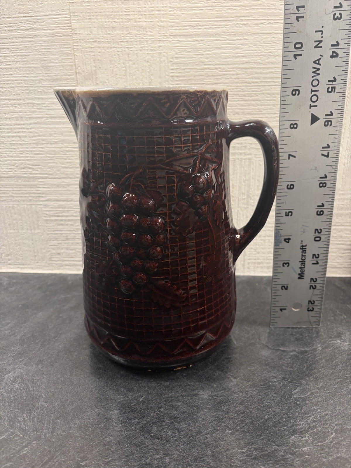 Vintage Pottery North Star Stoneware Glazed Pitcher Grape Cluster Lattice Brown
