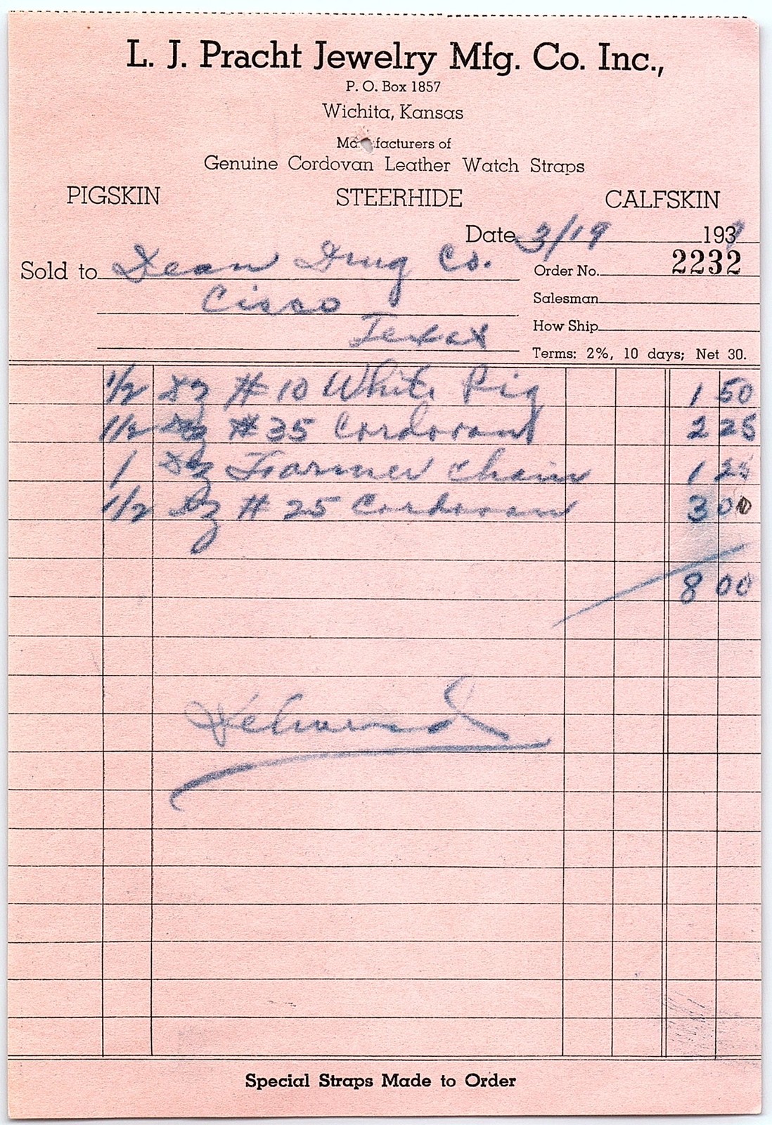 1937 L.J. Pracht Wichita KS Watch Strap Billhead Invoice