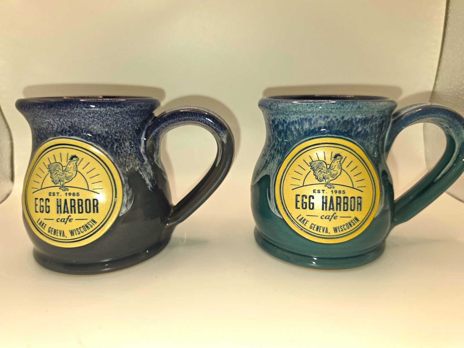 Deneen Pottery Egg Harbor Cafe Lake Geneva Coffee Mugs Blue/Greenblue Drip Glaze