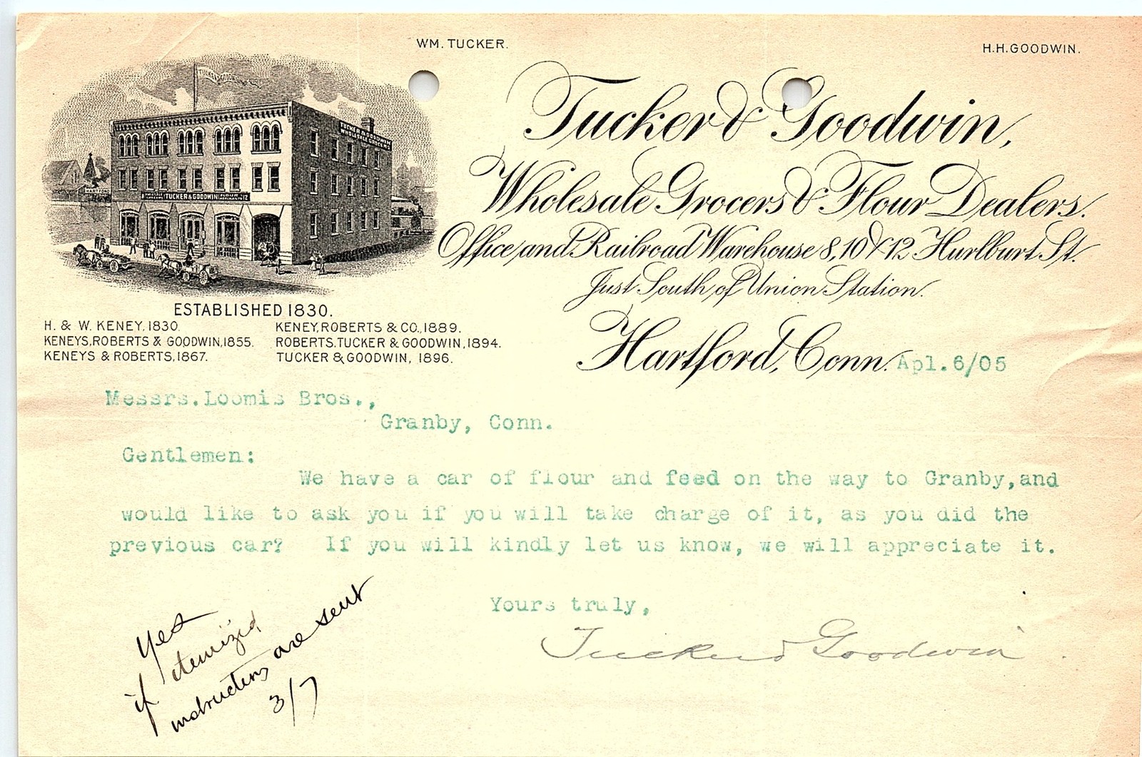 Vintage 1905 Tucker & Goodwin Hartford Illustrated Billhead