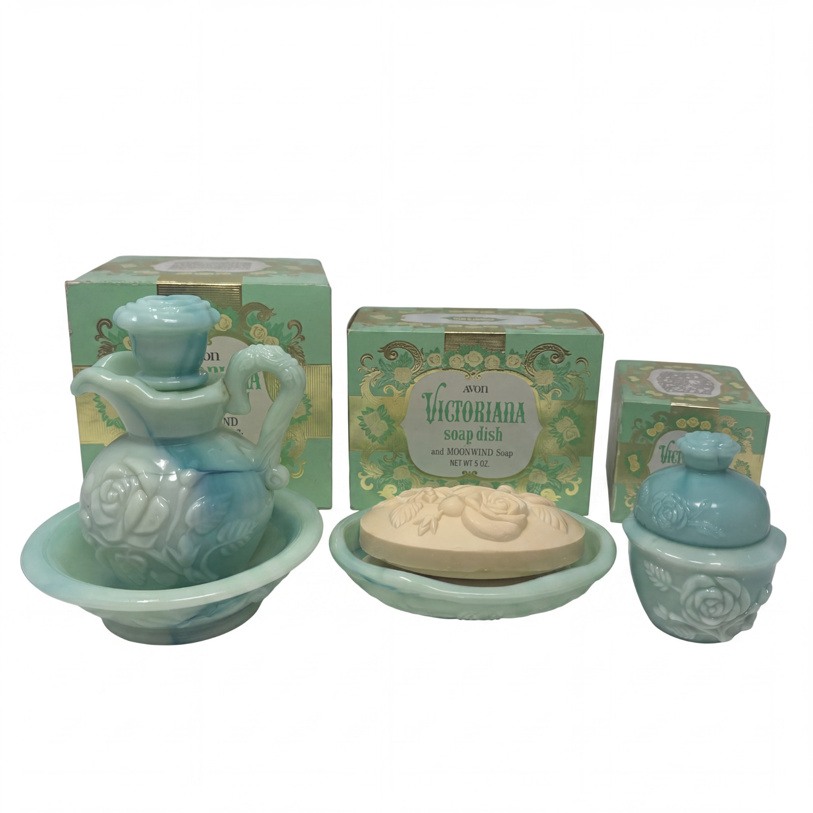 Vintage AVON Victoriana Milk Glass Green Moonwind Pitcher Bowl Soap Dish Sachet