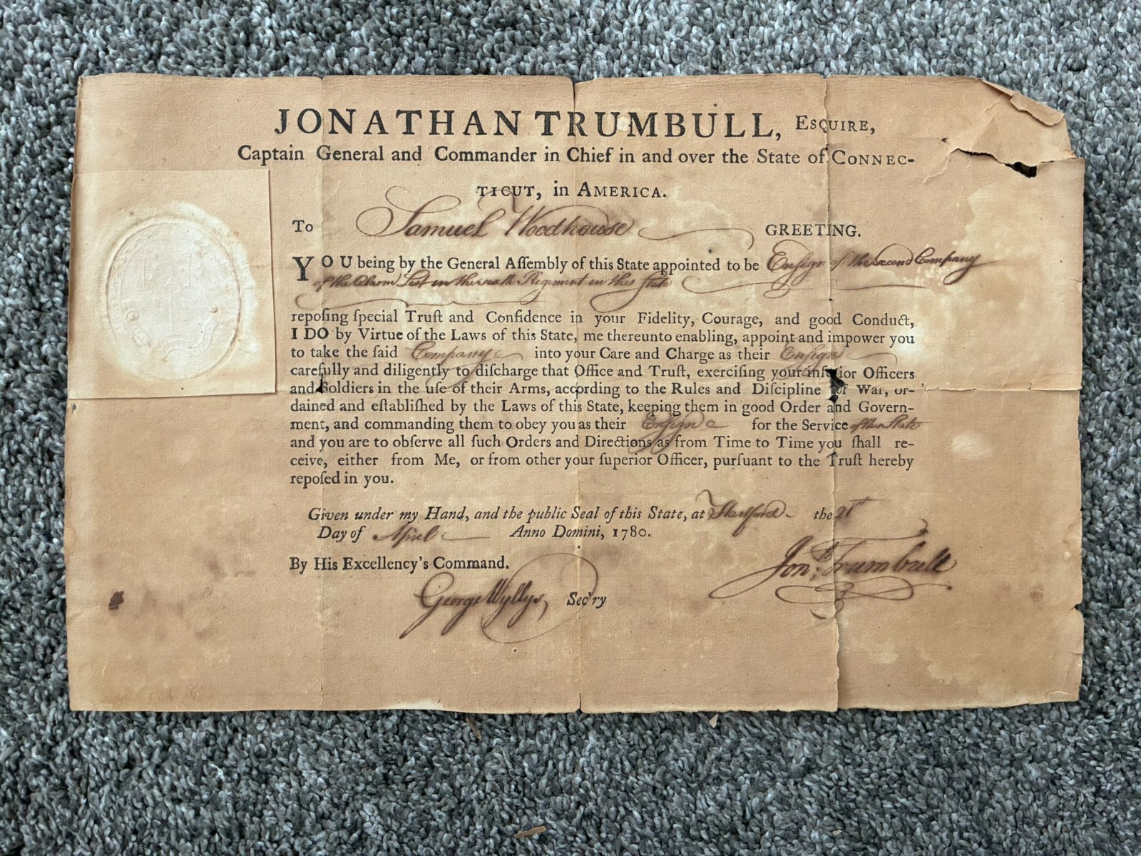 Revolutionary War Connecticut Militia Commission:  1780-Signed, J Trumbull Sr