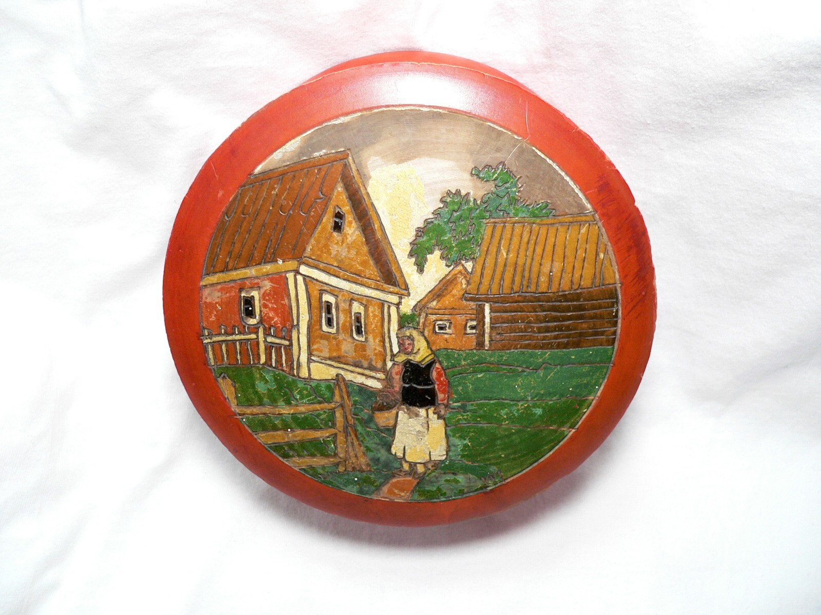 Russian Red Lacquered Round Wooden Box - Peasant Woman Outdoor Scene Russian Red Lacquered Round Wooden Box - Peasant Woman Outdoor Scene