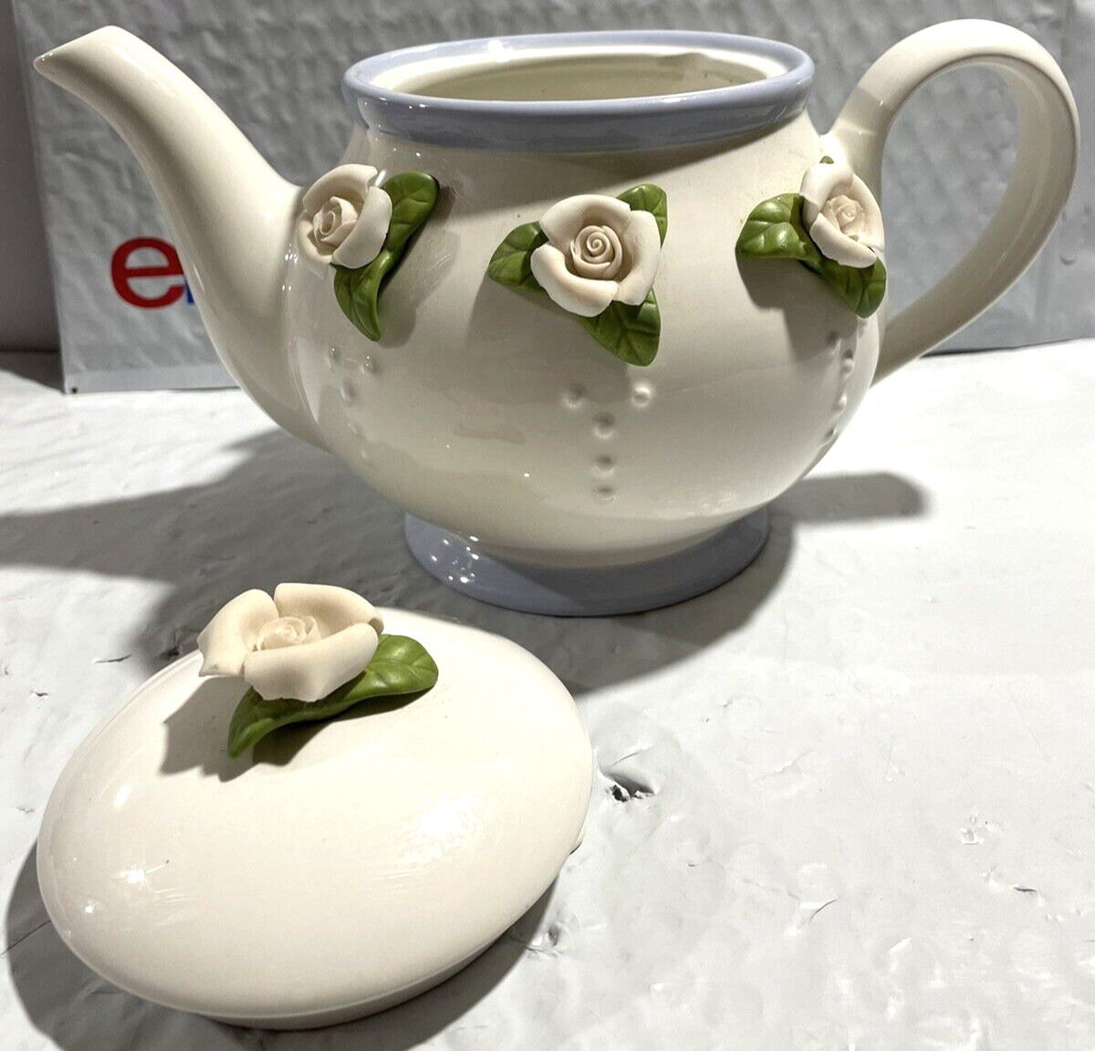 Teleflora White Teapot with Pink Roses Large Tea Pot 6-1/2\