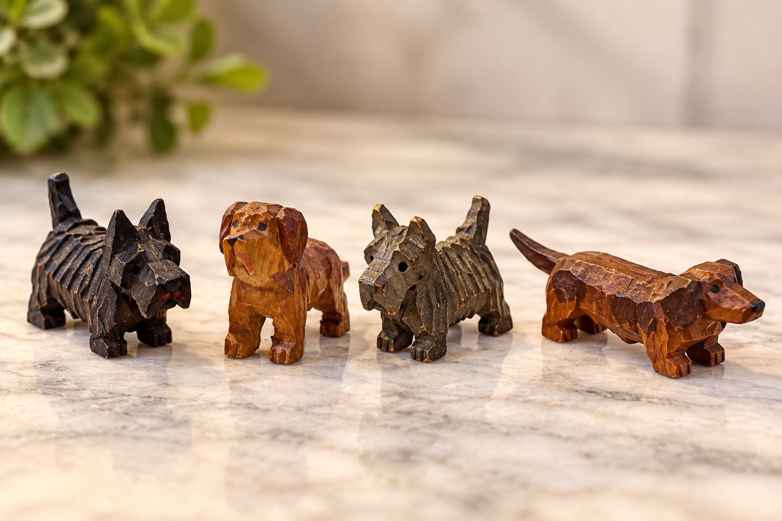 Antique Hand Carved Wood Miniature Dogs Set 4 Scottie Dachshund Terrier Folk Art