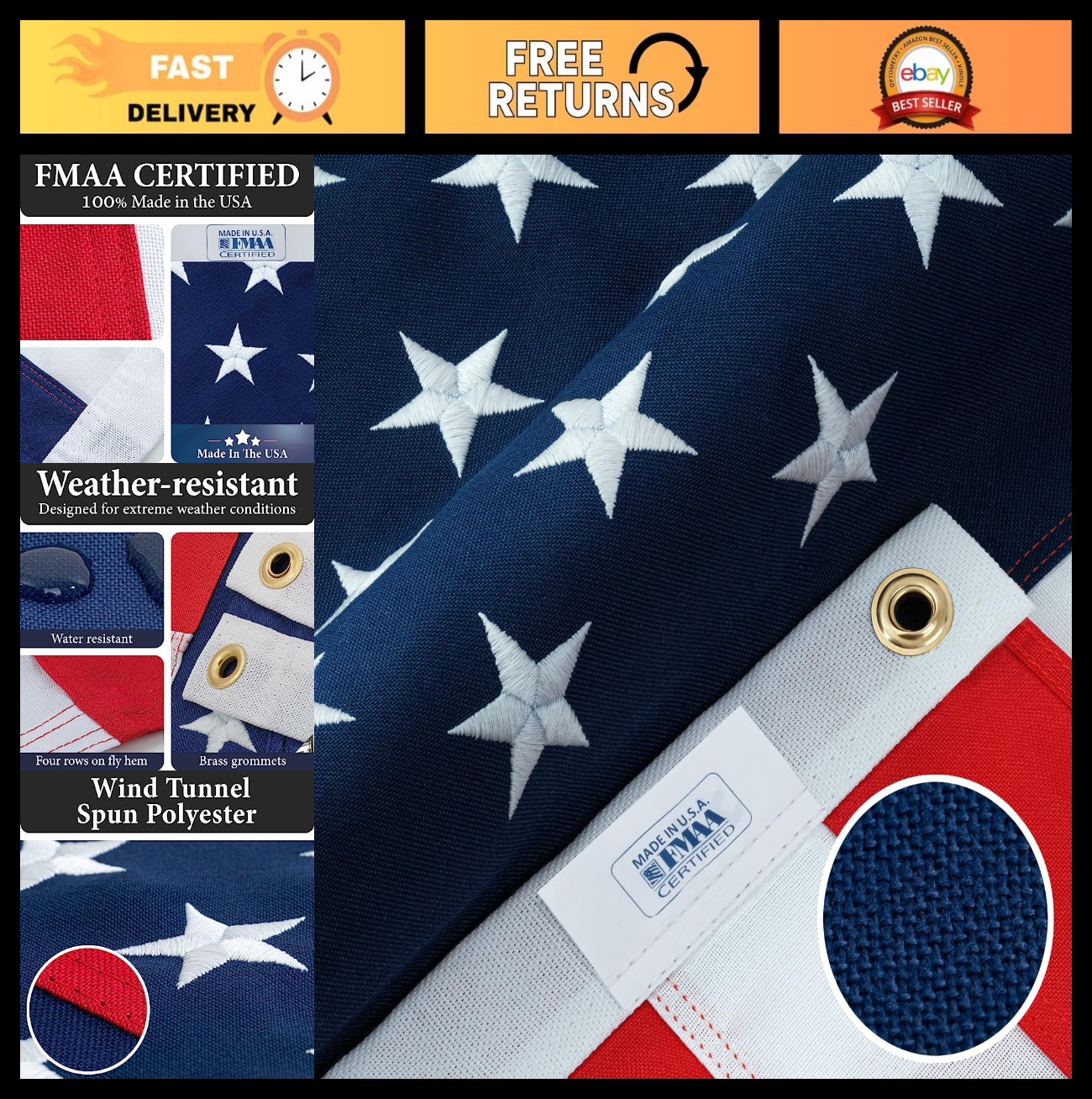 Durable 3x5 American Flag - Heavy Duty Outdoor Polyester, Sewn Stripes & Embroid Durable 3x5 American Flag - Heavy Duty Outdoor Polyester, Sewn Stripes & Embroid