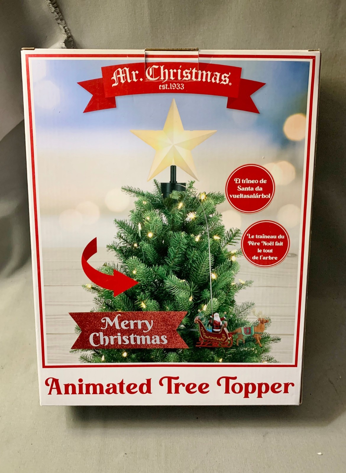 NIB Mr. Christmas Animated Illuminated Star Tree Topper Santa’s Sleigh Merry