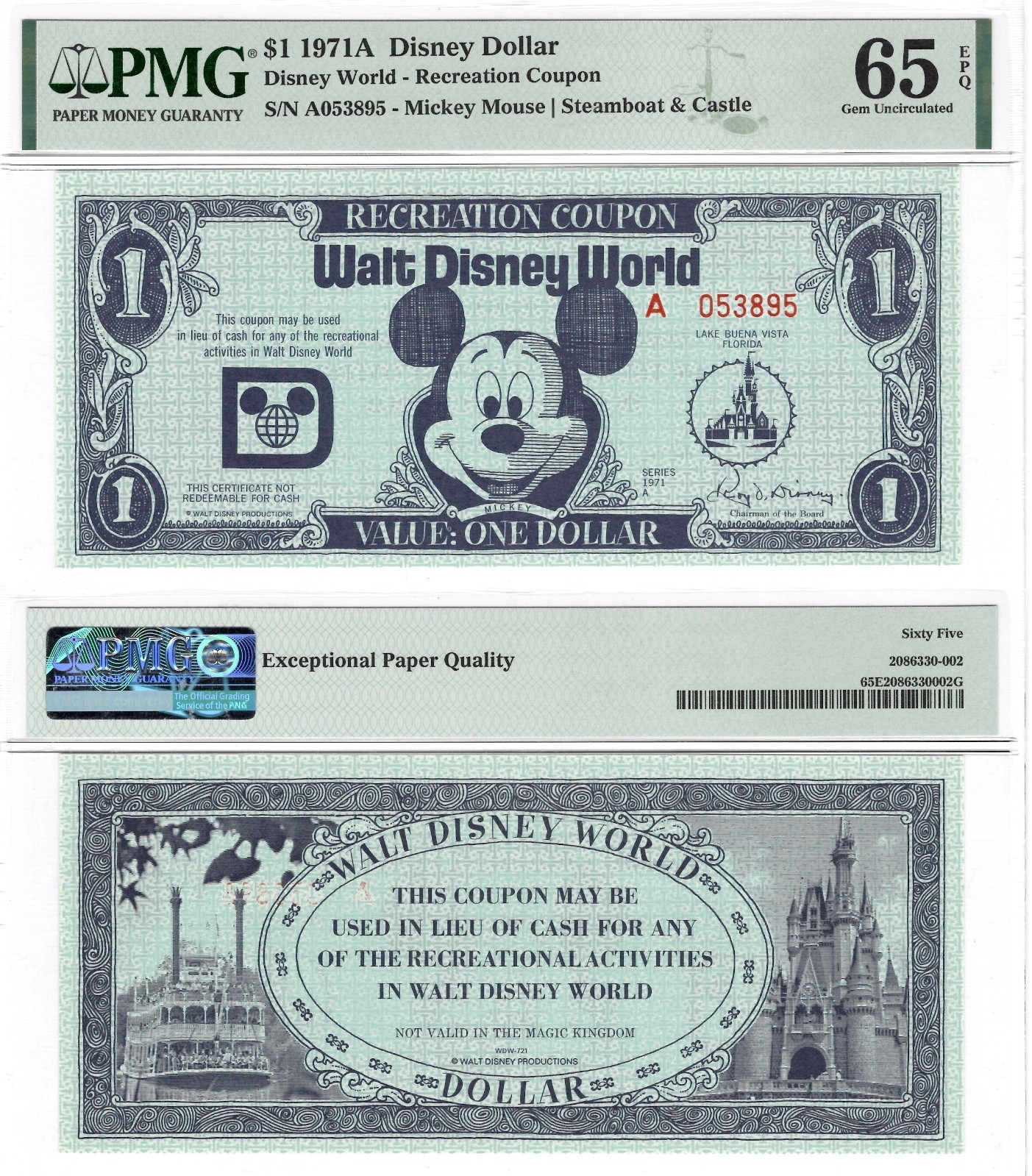 1971 A $1 PMG 65 EPQ Walt Disney Dollar Recreational Coupon Steamboat Castle
