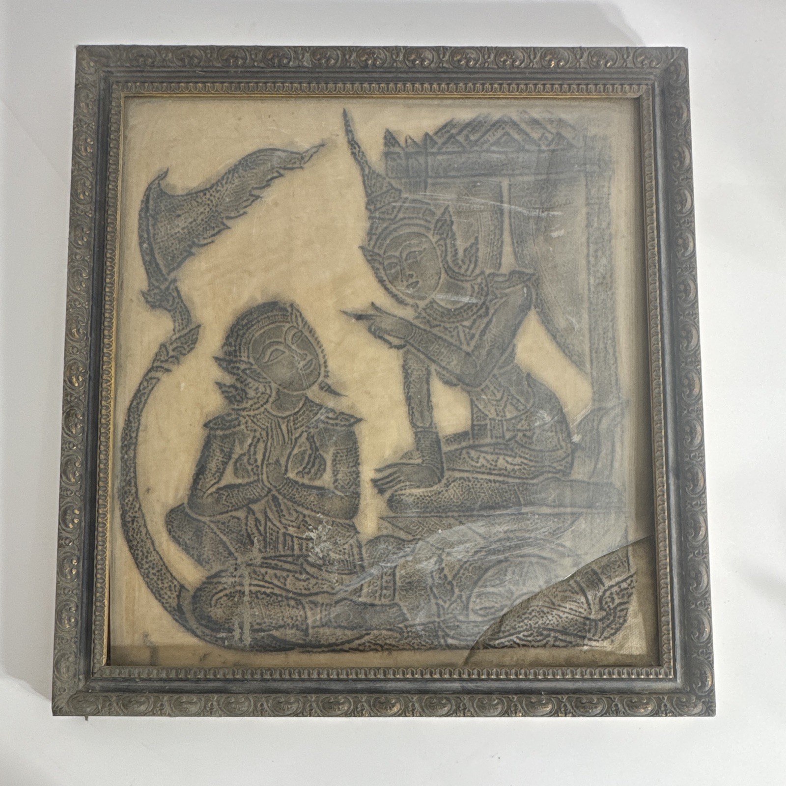 Framed Thai/Siamese Traditional Art Print Rubbing with Mythological Figures