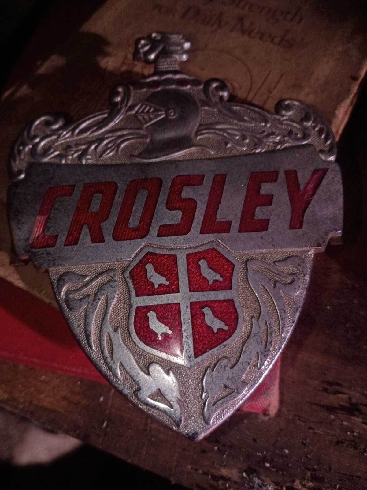 Vintage CROSLEY Metal Emblem Badge Crest Logo w/ Red Enamel Inlay