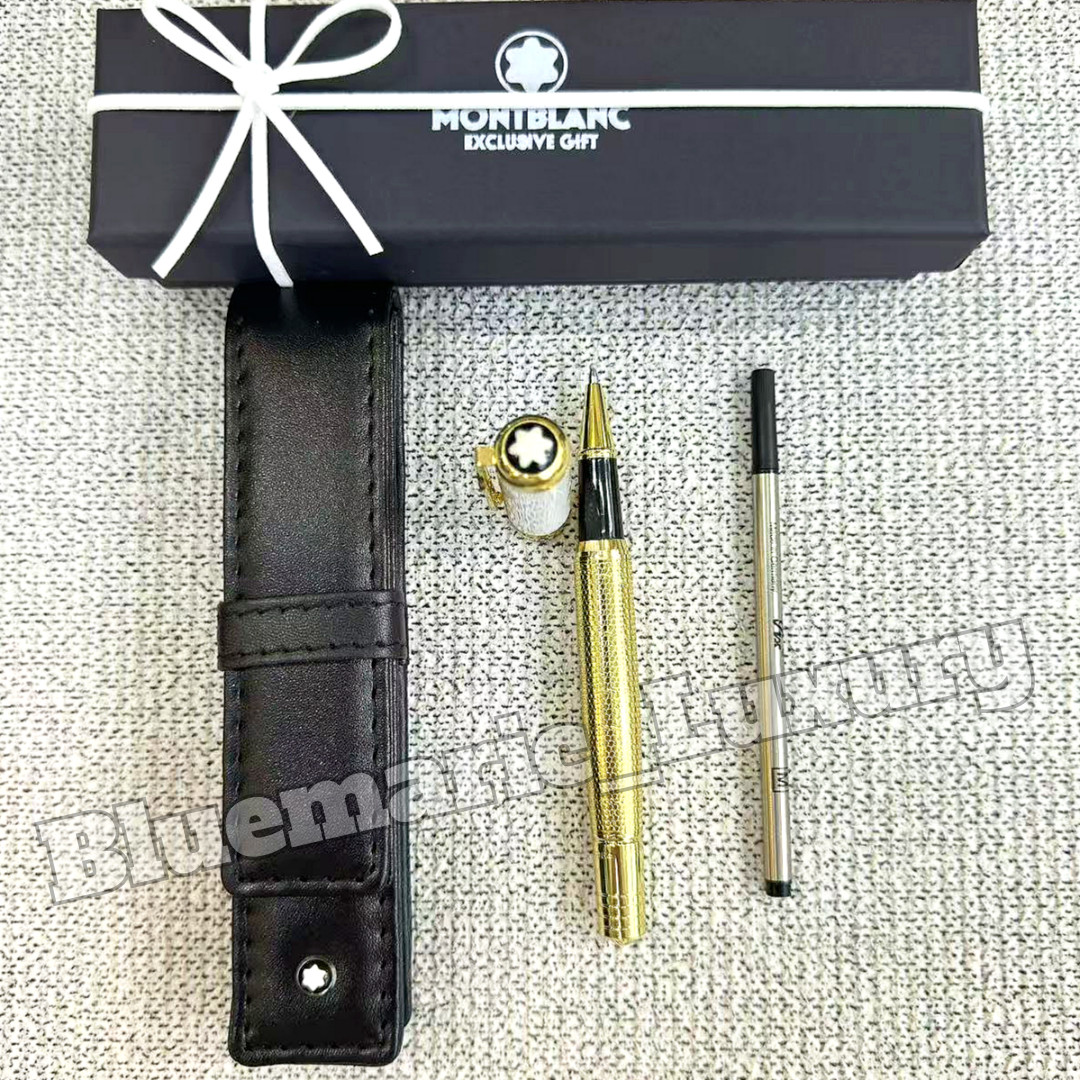 MONTBLANC Luxury Gold Honeycomb Pattern Rollerball Pen w/ Leather Pouch Refill