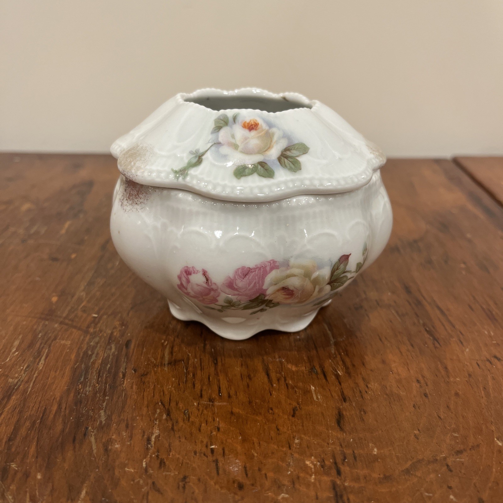 Antique Vtg Hair Receiver Porcelain Hand Painted Roses Pink Floral Austria