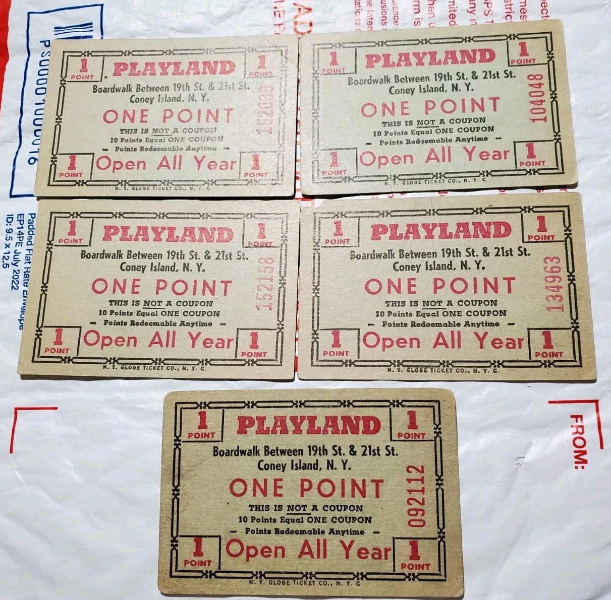 5 Lot Rare Vtg Coney Island NY Penny Arcade Boardwalk Tickets Playland SkeeBall
