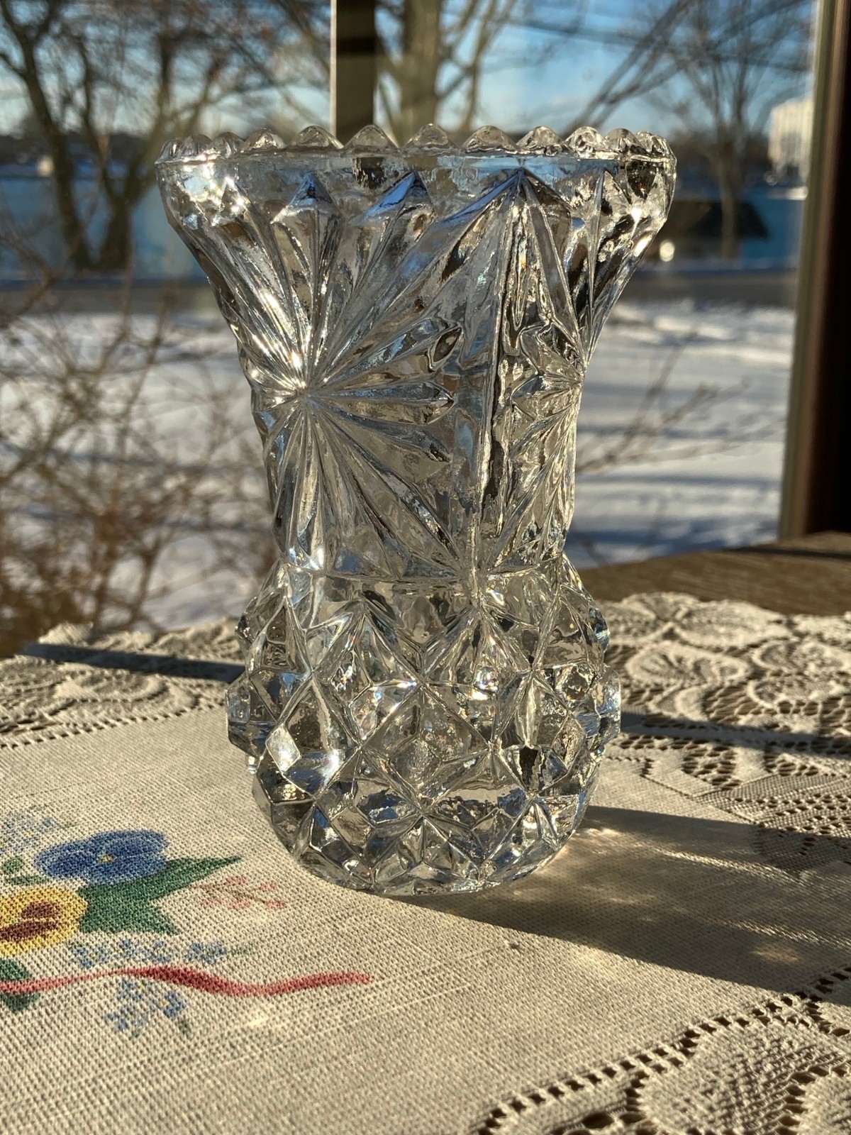 Crystal Pressed Glass Small Bud Vase Scalloped Edge 3.45