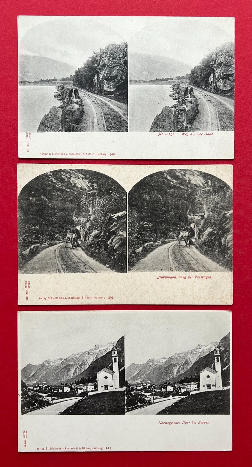 3 x Stereo Postcard Norway around 1900 Way near Vassvagen, Village near Bergen (121517