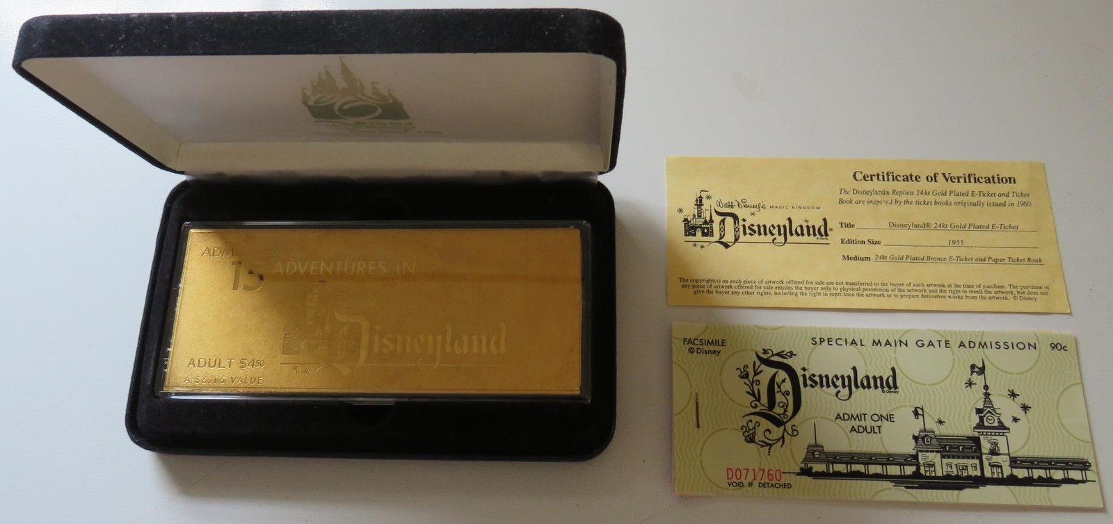 DISNEYLAND 24 kt Gold Plated 1955 E-Ticket w/Ticket Book & COA 1366/1955 RARE