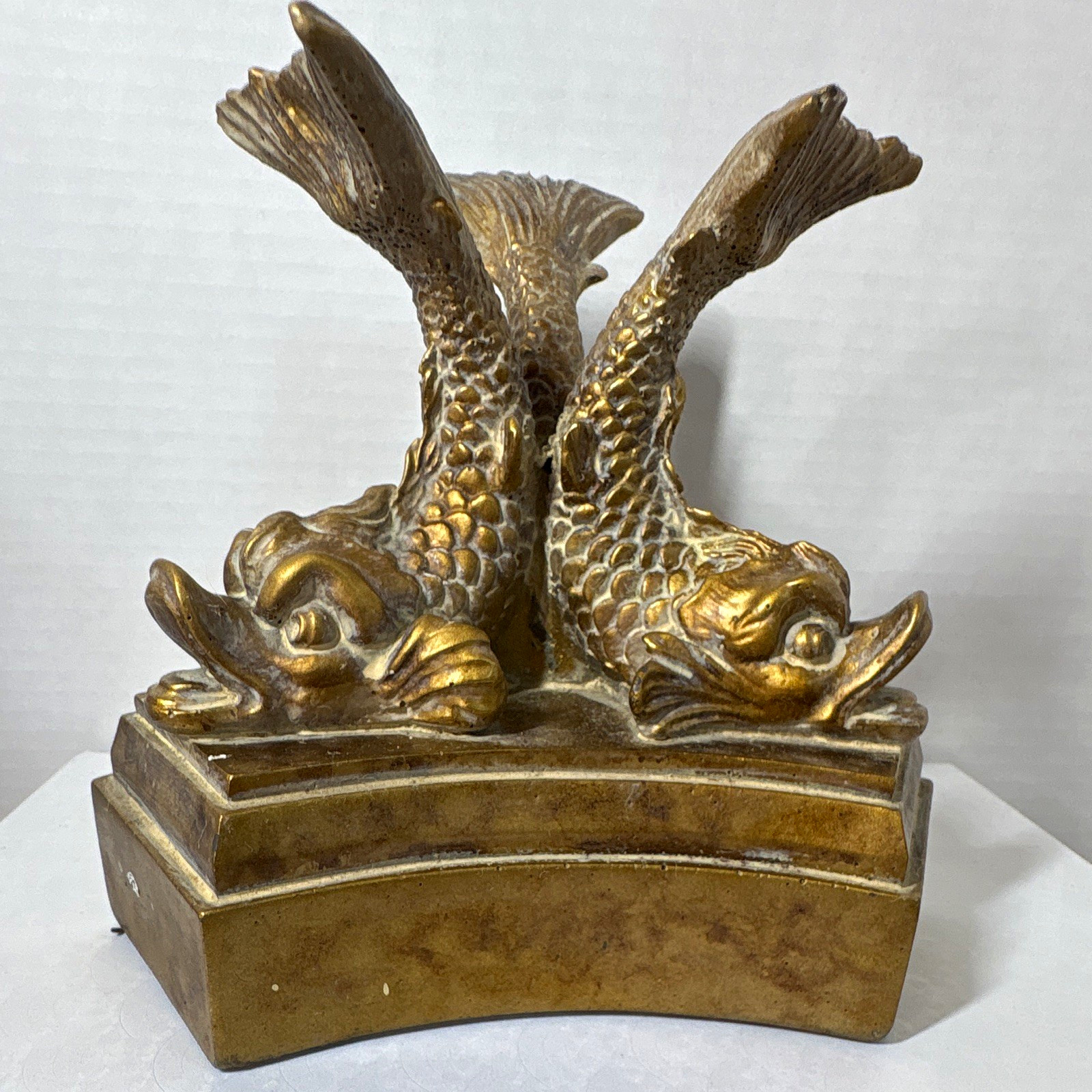 Gold/Bronze Tone Metal Double Fish Figurine on Base, 3D Antique Finish