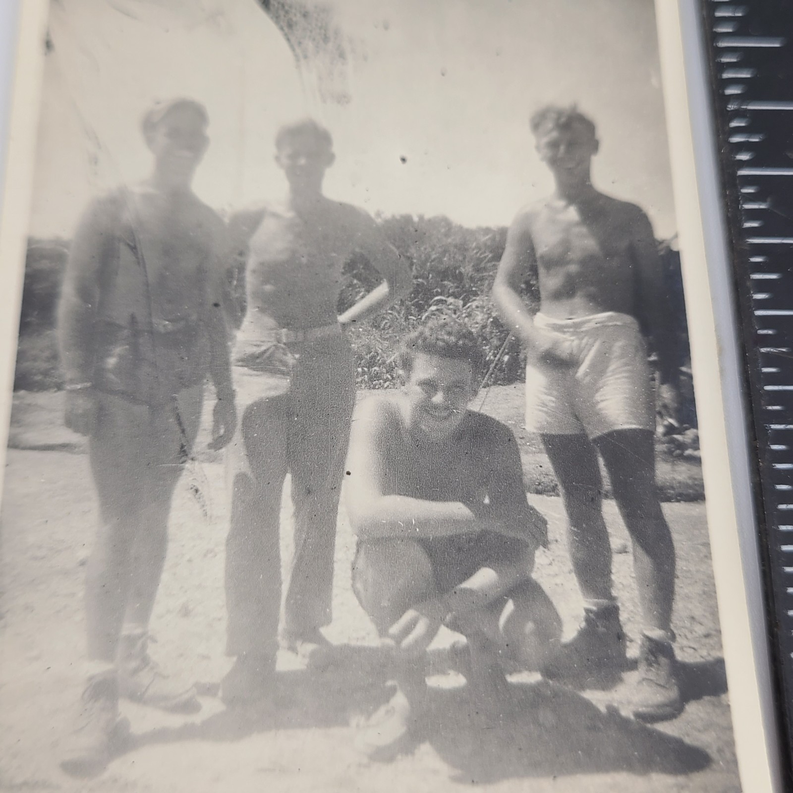 Smiling Happy Young Men Shirtless Summer Camp Shorts Snapshot Vintage Photo Smiling Happy Young Men Shirtless Summer Camp Shorts Snapshot Vintage Photo