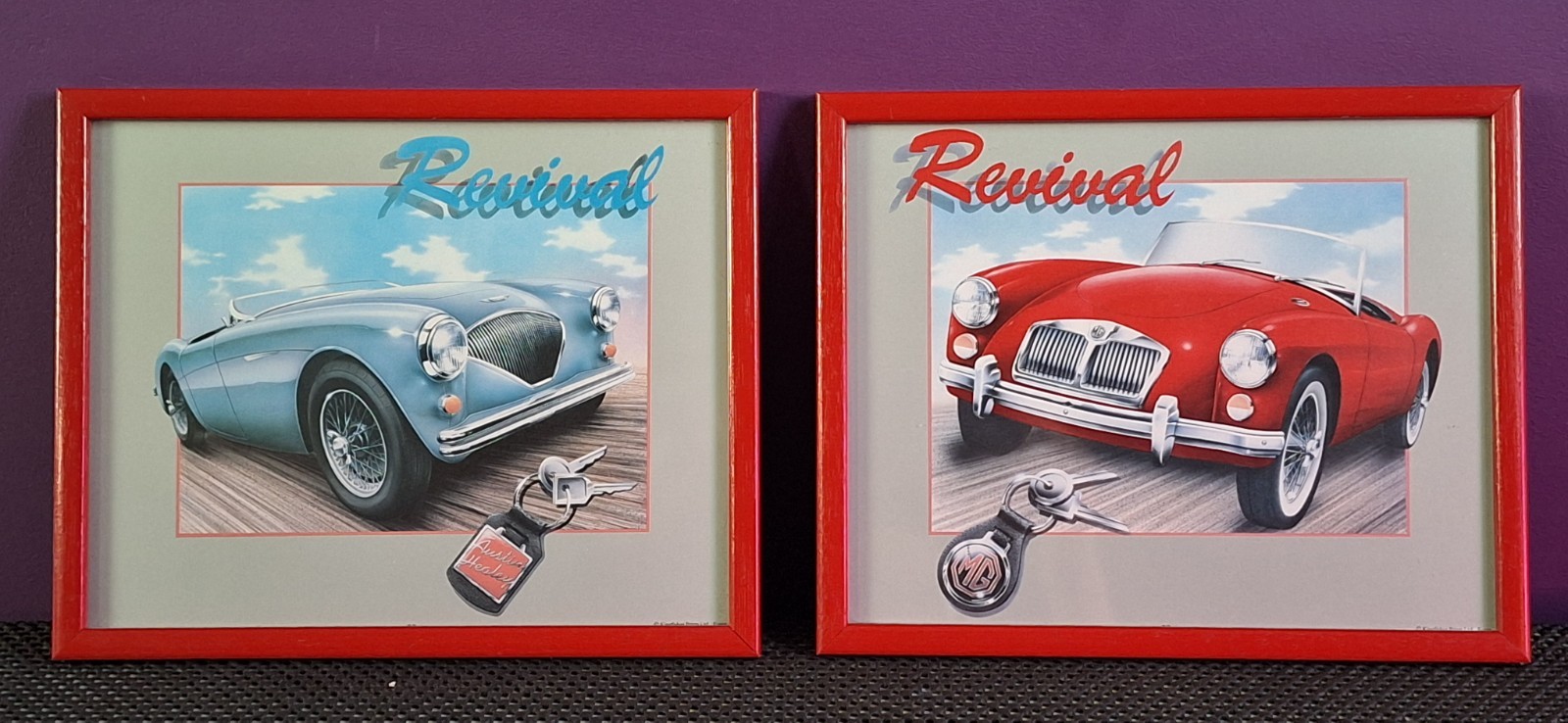 2 x Vintage 1980s MG Austin \'Revival\' Sports Car Wall Art Picture Prints Framed