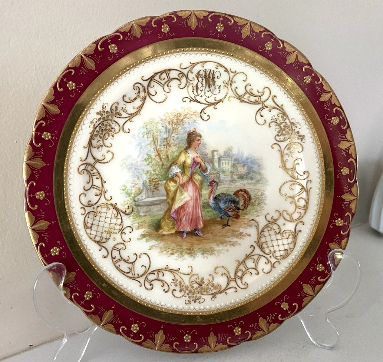 Rare Atq Ambrosius Lamm Dresden Plate Monogram Jeweled Gold Encrusted 7 3/4\