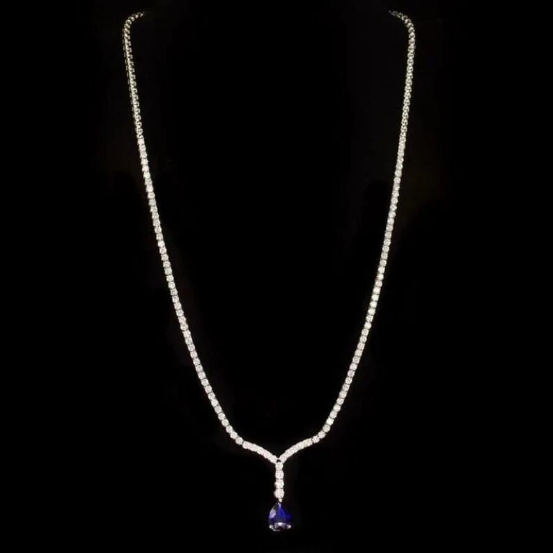 26.40Ct Diamond & Blue Sapphire Drop Pendant Necklace 14K White Gold Over 17