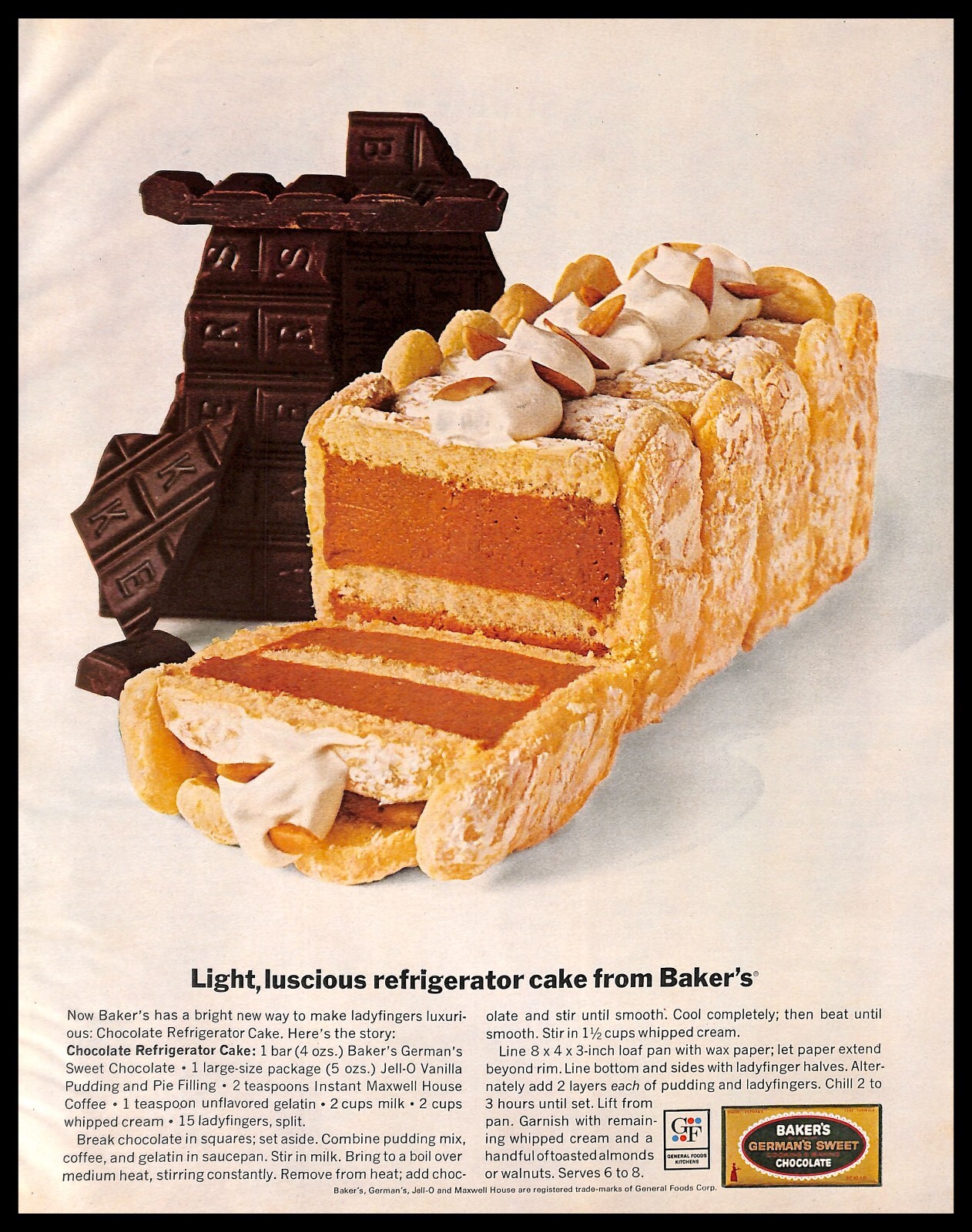 1963 Baker\'s German Chocolate Refrigerator Cake Recipe Vintage PRINT AD Desserts