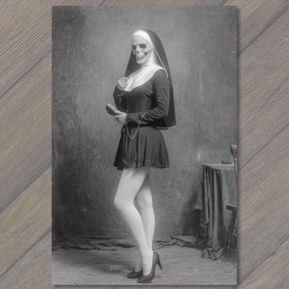 POSTCARD Skull Nun Grayscale Gothic Horror Dark Religious Oddity Portrait